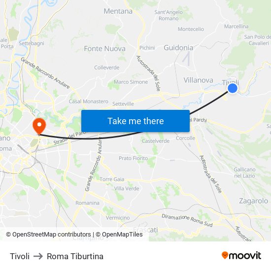 Tivoli to Roma Tiburtina map