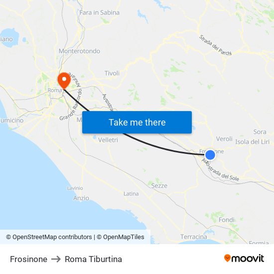 Frosinone to Roma Tiburtina map