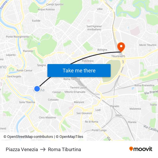 Piazza Venezia to Roma Tiburtina map