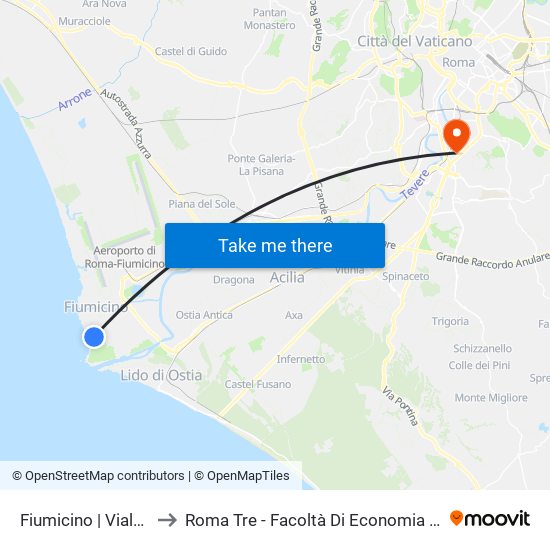 Fiumicino | Viale Danubio to Roma Tre - Facoltà Di Economia ""Federico Caffè"" map