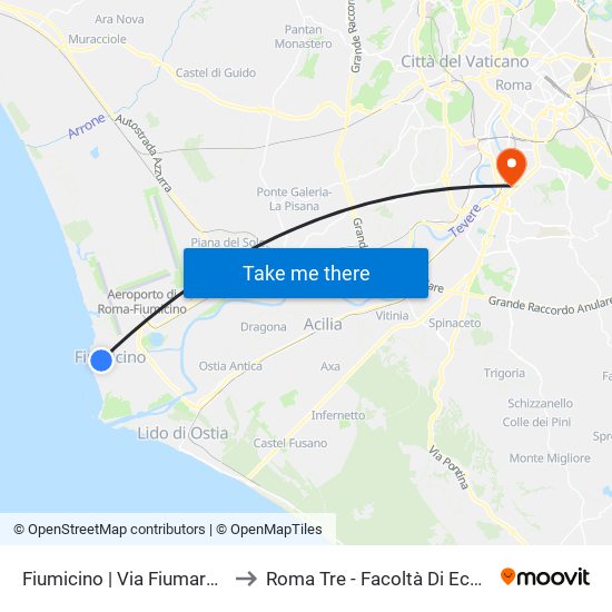 Fiumicino | Via Fiumara Tempio Della Fortuna to Roma Tre - Facoltà Di Economia ""Federico Caffè"" map