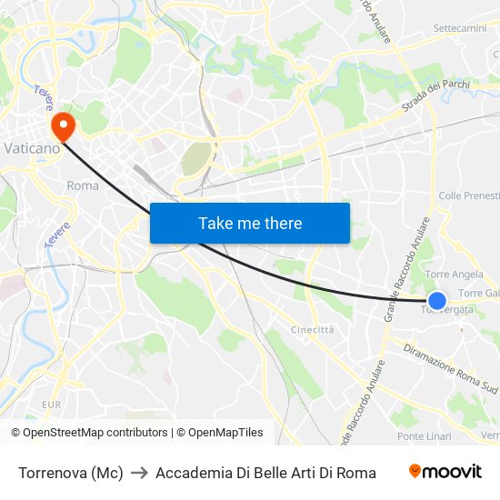 Torrenova (Mc) to Accademia Di Belle Arti Di Roma map