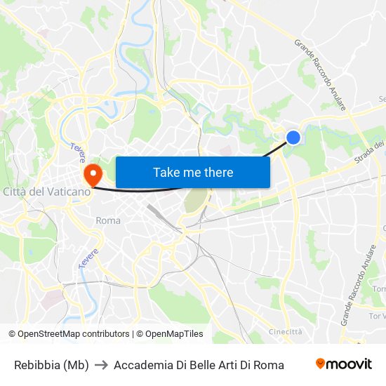 Rebibbia (Mb) to Accademia Di Belle Arti Di Roma map