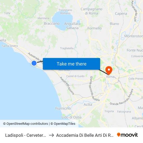 Ladispoli - Cerveteri FS to Accademia Di Belle Arti Di Roma map