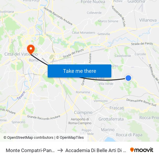 Monte Compatri-Pantano to Accademia Di Belle Arti Di Roma map