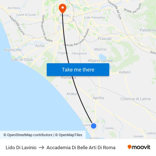 Lido Di Lavinio to Accademia Di Belle Arti Di Roma map