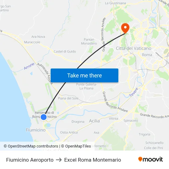 Fiumicino Airport to Excel Roma Montemario map