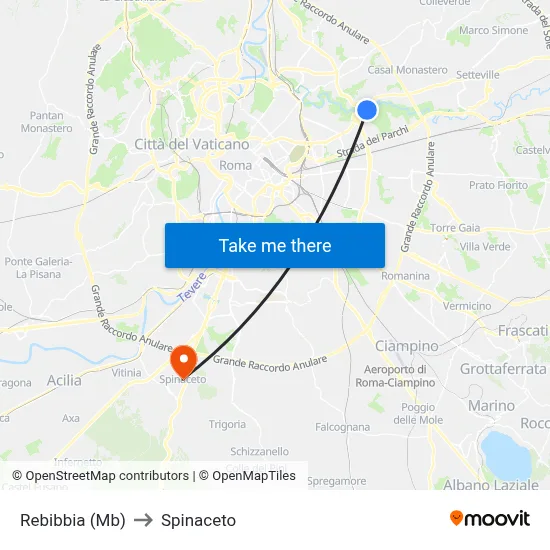 Rebibbia (Metro B) to Spinaceto map