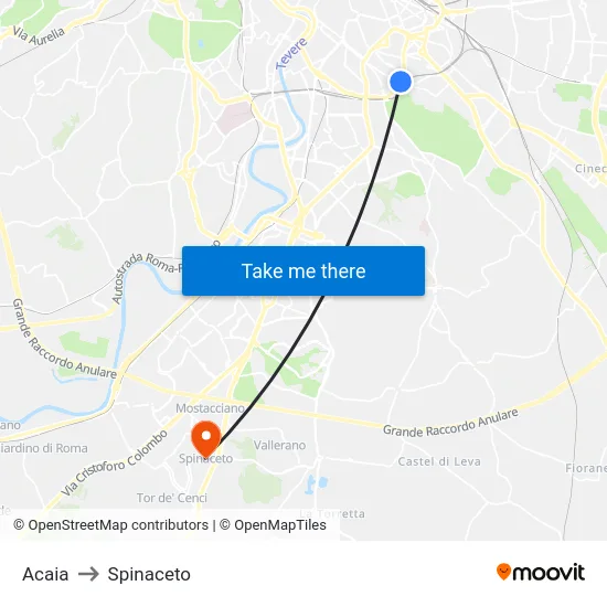 Acaia to Spinaceto map