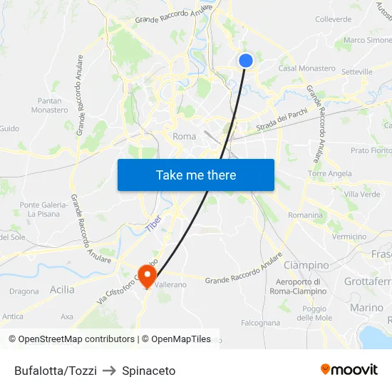 Bufalotta/Tozzi to Spinaceto map