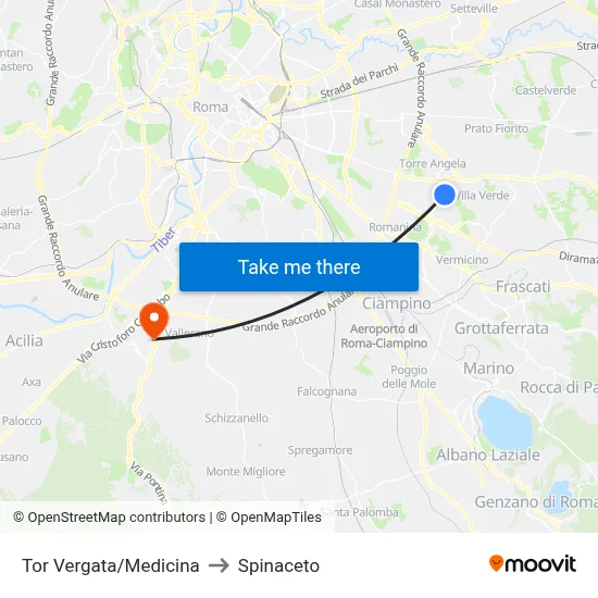 Tor Vergata/Medicine to Spinaceto map