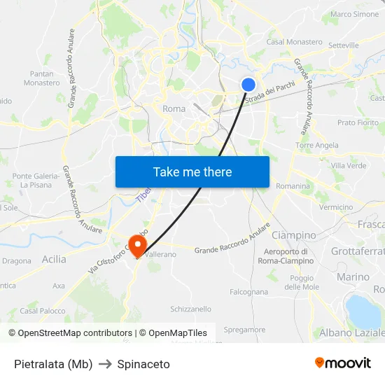 Pietralata (Metro B) to Spinaceto map