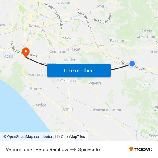 Valmontone Rainbow Park to Spinaceto map