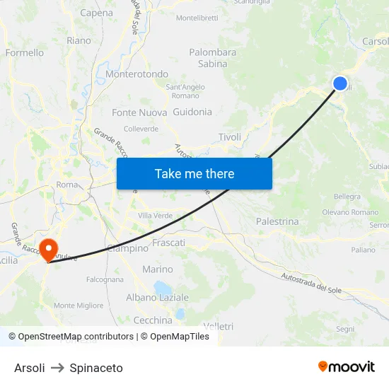 Arsoli to Spinaceto map