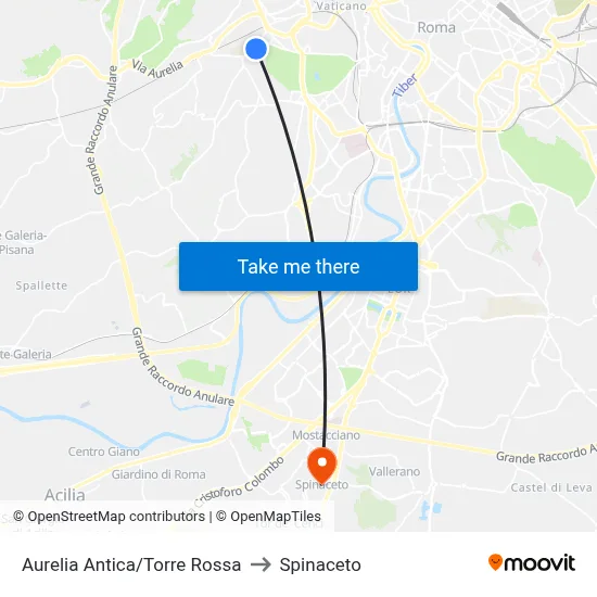 Ancient Aurelian/Red Tower to Spinaceto map
