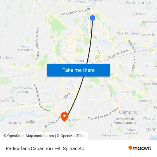 Radicofani/Capannori to Spinaceto map