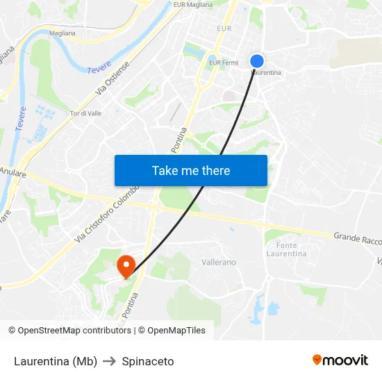 Laurentina (Metro B) to Spinaceto map