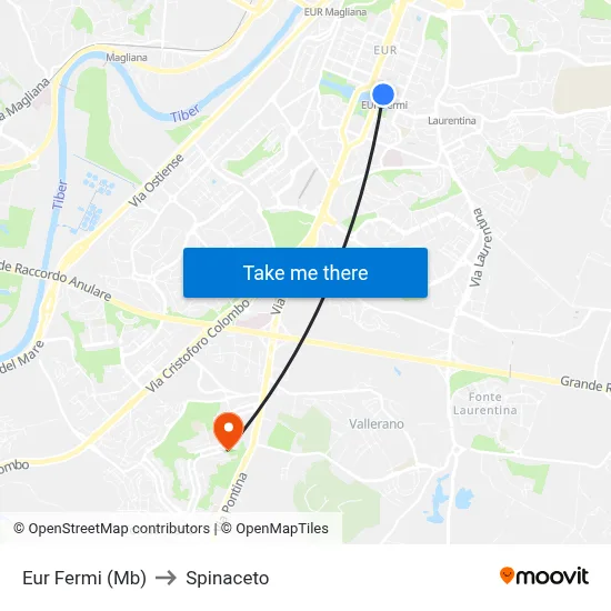 Eur Fermi (Metro B) to Spinaceto map