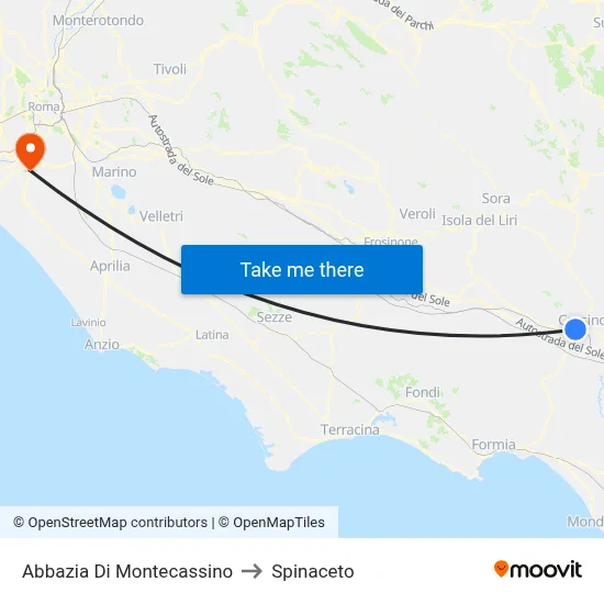 Montecassino Abbey to Spinaceto map