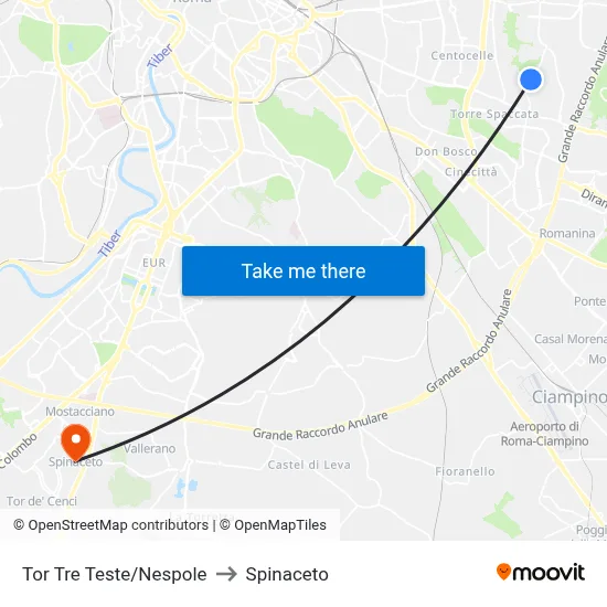 Tor Tre Teste/Nespole to Spinaceto map
