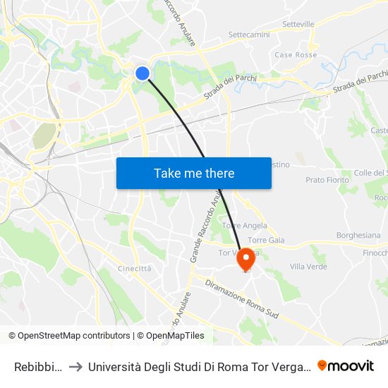 Rebibbia (Mb) to Università Degli Studi Di Roma Tor Vergata - Facoltà Di Economia map