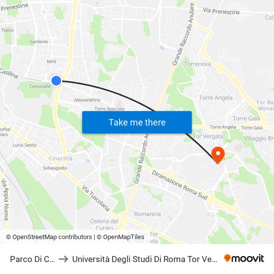 Parco Di Centocelle to Università Degli Studi Di Roma Tor Vergata - Facoltà Di Economia map