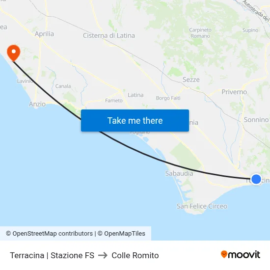 Terracina Railway Station to Colle Romito map