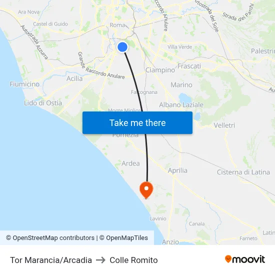 Tor Marancia/Arcadia to Colle Romito map