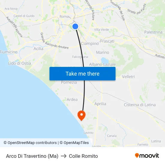 Arco Di Travertino (Metro A) to Colle Romito map