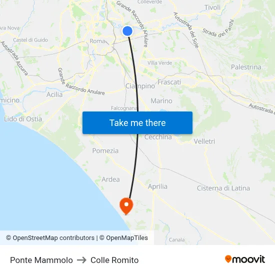 Ponte Mammolo to Colle Romito map