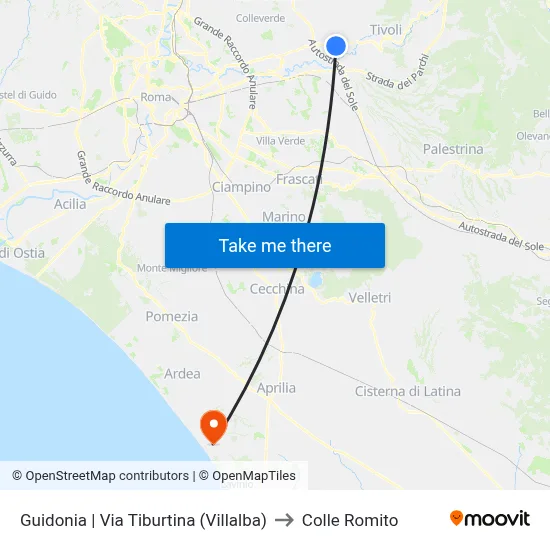 Guidonia via Tiburtina (Villalba) to Colle Romito map