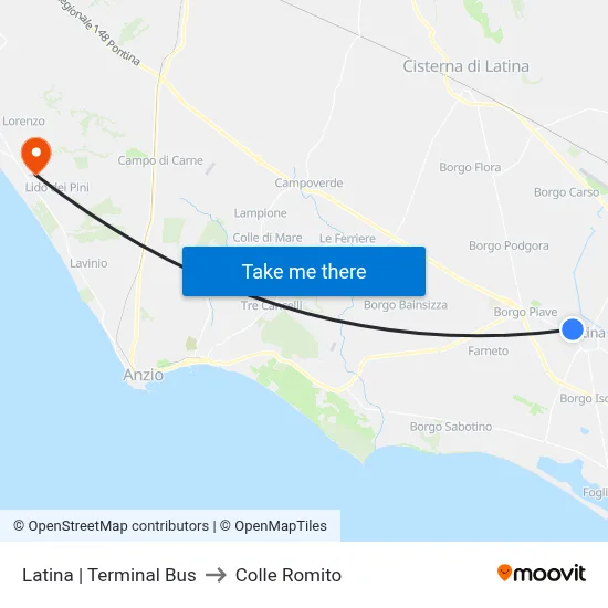 Latina Bus Terminal to Colle Romito map