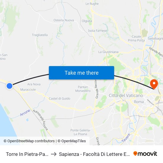 Torre In Pietra-Palidoro to Sapienza - Facoltà Di Lettere E Filosofia map