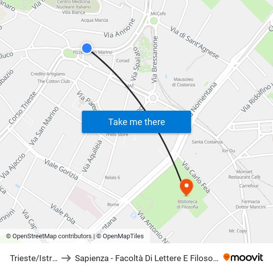Trieste/Istria to Sapienza - Facoltà Di Lettere E Filosofia map