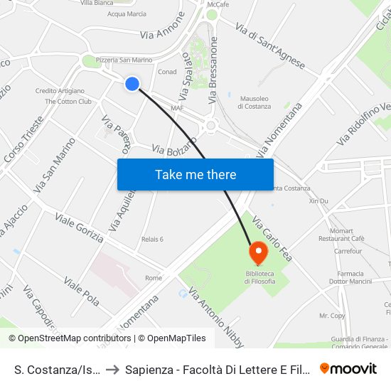 S. Costanza/Istria to Sapienza - Facoltà Di Lettere E Filosofia map
