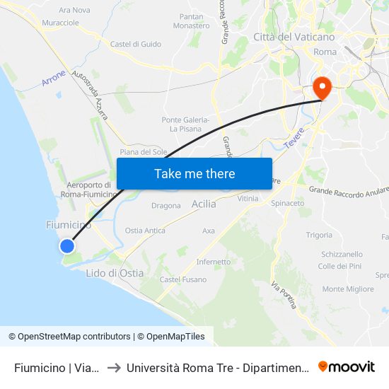 Fiumicino | Viale Danubio to Università Roma Tre - Dipartimento Di Giurisprudenza map