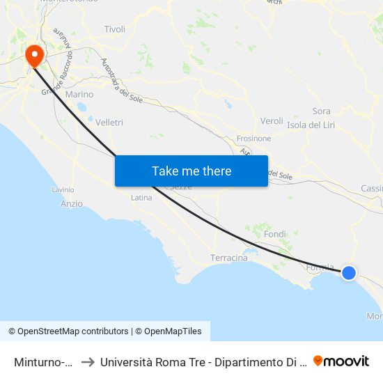 Minturno-Scauri to Università Roma Tre - Dipartimento Di Giurisprudenza map