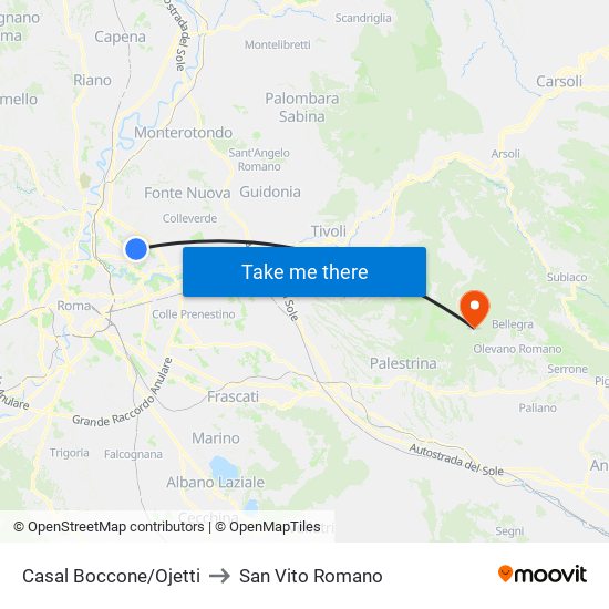 Casal Boccone/Ojetti to San Vito Romano map