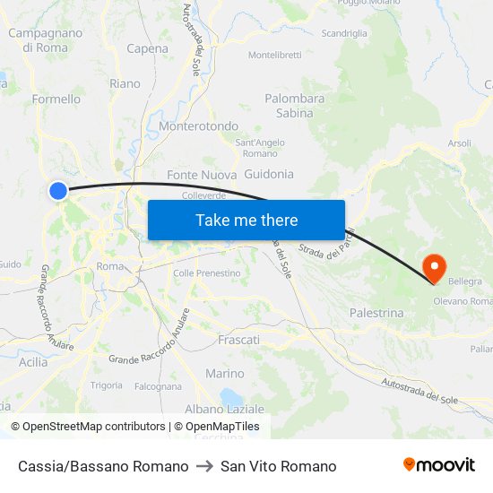 Cassia/Bassano Romano to San Vito Romano map