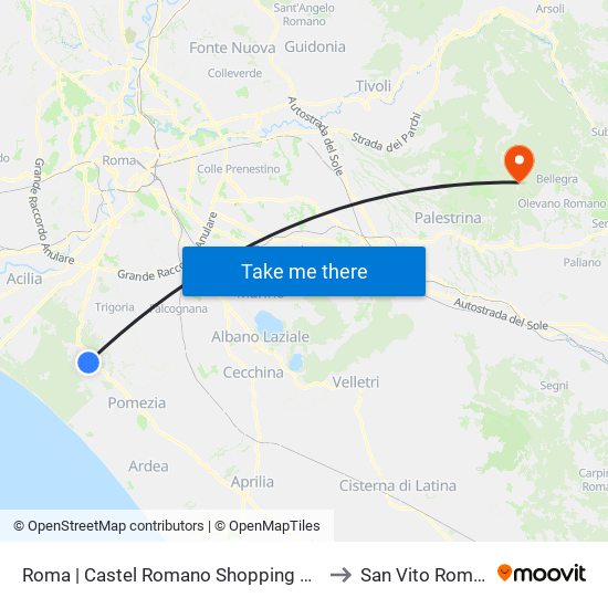 Roma | Castel Romano Shopping Village to San Vito Romano map