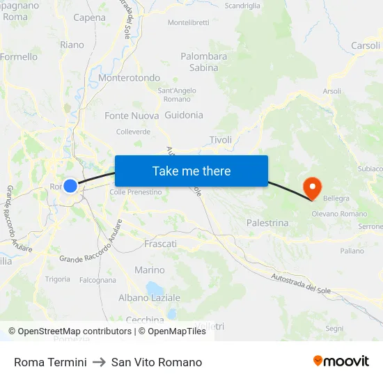Roma Termini to San Vito Romano map