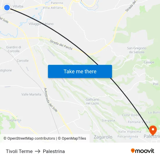 Tivoli Terme to Palestrina map