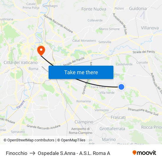 Finocchio to Ospedale S.Anna - A.S.L. Roma A map