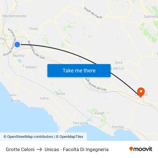 Grotte Celoni to Unicas - Facoltà Di Ingegneria map