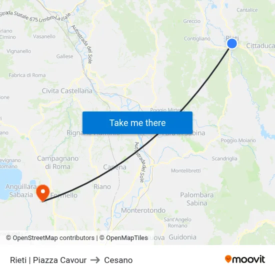 Rieti Cavour Square to Cesano map