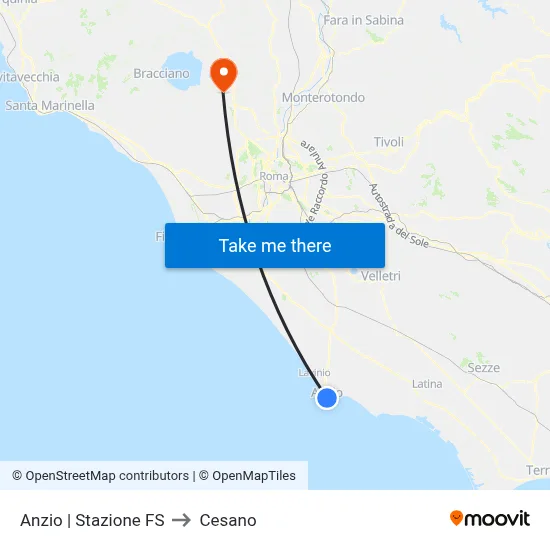 Anzio | Railway Station to Cesano map