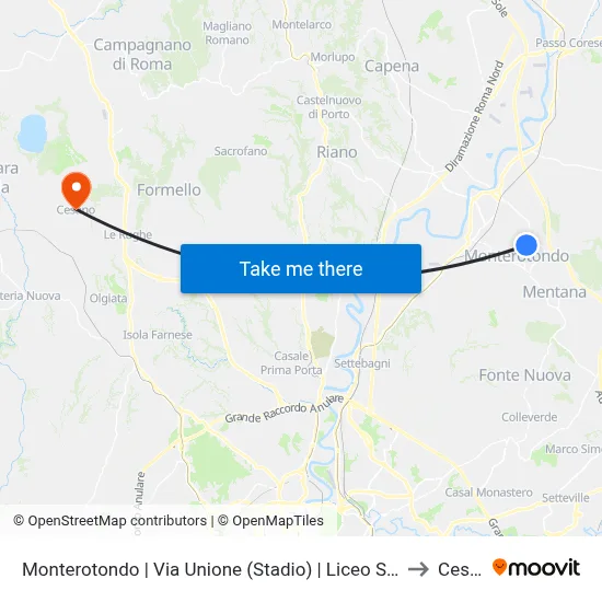 Monterotondo Via Unione (Stadium) G.Peano Scientific High School to Cesano map