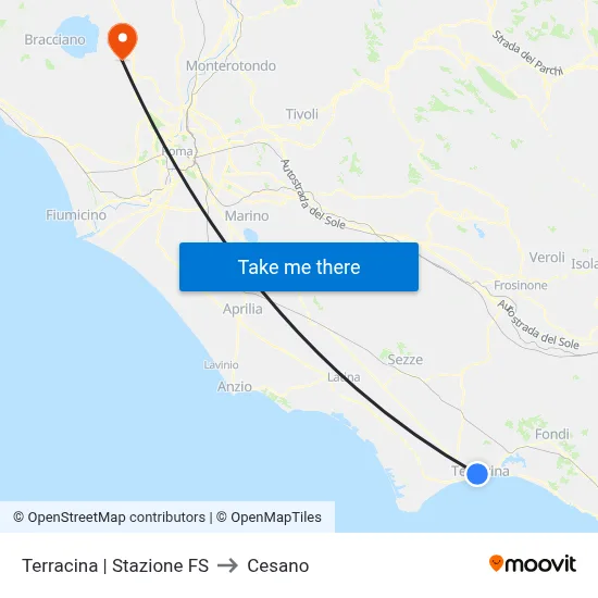 Terracina Railway Station to Cesano map