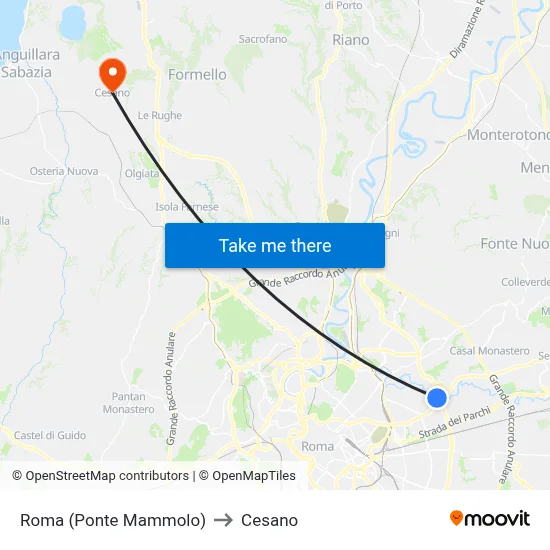 Rome (Ponte Mammolo) to Cesano map