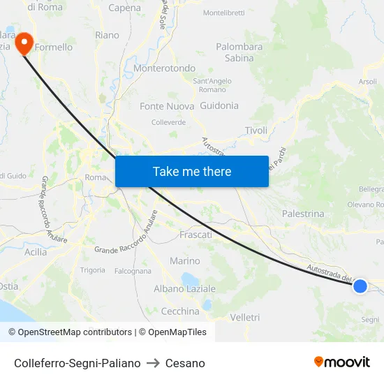 Colleferro-Segni-Paliano to Cesano map
